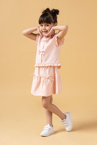 Minipodyum Girl's Balloon Skirt and Bow Detailed Summer Double Suit