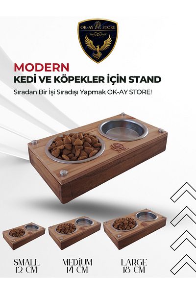 Okay Cat Dog Food and Water Bowl Stand with Stainless Steel Bowl – Wooden Body, Non-Slip Base