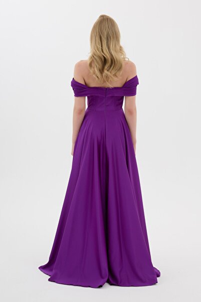 Carmen Purple Low Neckline Slit Satin Evening Dress