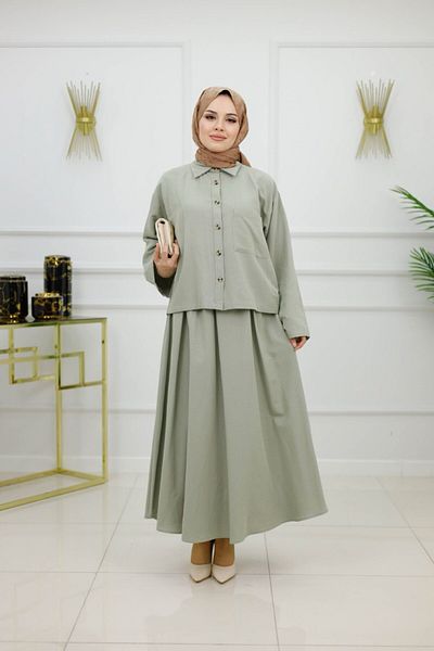 Enans Design Women's Hijab 2 Piece Set Linen Shirt & Skirt