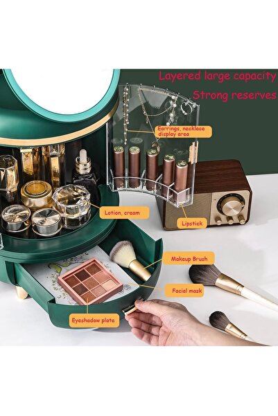 Un Luxury Makeup Organizer with Clear Doors and Rotating LED Mirror - Stylish and Functional Storage!