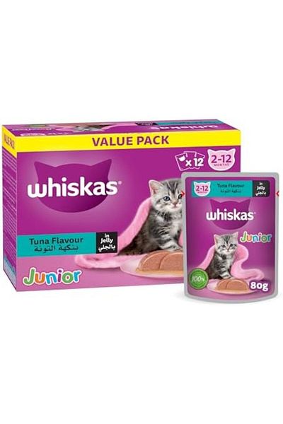 Whiskas Junior Tuna in Jelly, Wet Kitten Food Pack of 12x80g, for Kittens from 2 to 12 months, for a