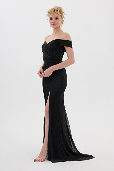 Carmen Siyah Yırtmaçlı Simli Pilise Abiye Elbise