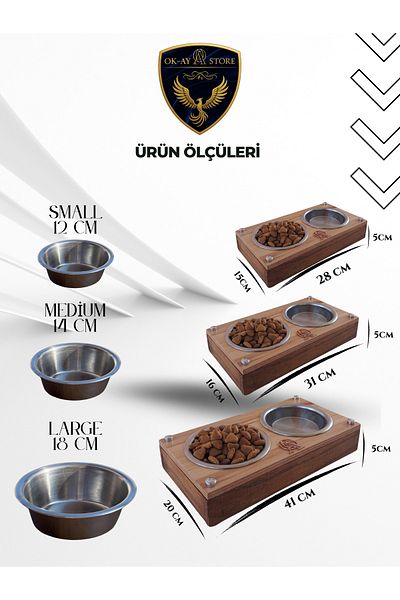 Okay Cat Dog Food and Water Bowl Stand with Stainless Steel Bowl – Wooden Body, Non-Slip Base