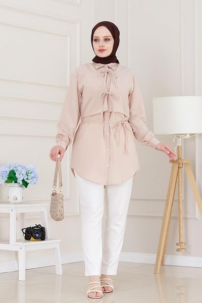 Sevitli Cepken Detailed Tie-Up Linen Tunic-Beige