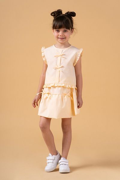 Minipodyum Girl's Balloon Skirt and Bow Detailed Summer Double Suit