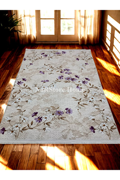 NaRStore Home ELİT SAÇAKLI LİLA KAHVE ÇİÇEKLİ KABARTMALI KAYMAZ TABAN YIKANABİLİR KESME YOLLUK HALI