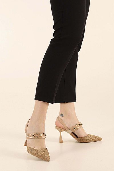 KOCAMANLAR Feles Staple Detailed Heeled Open Back Women's Stiletto Shoes Nut