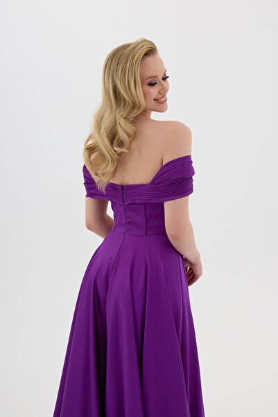 Carmen Purple Low Neckline Slit Satin Evening Dress