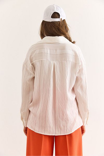 Olalook Women's White V-Neck Textured Back Pleated Relaxed Fit Shirt Gml-19001354