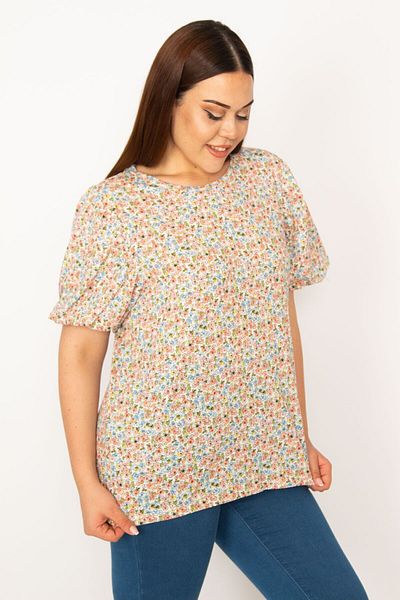 Şans Women's Large Size Colorful Balloon Sleeve Flower Patterned Blouse 65n33287