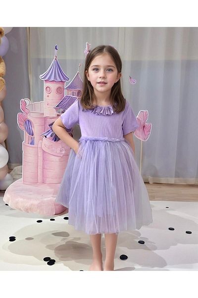 azecekids Lilac Short Sleeve Ruffle Detail Soft Tulle Girls' Party Birthday Dress