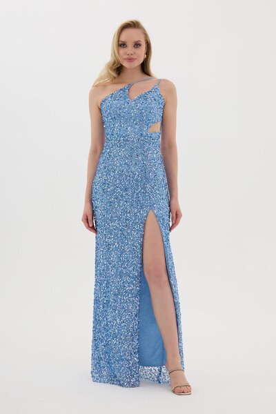 Carmen Mavi Yırtmaçlı Payetli Abiye Elbise