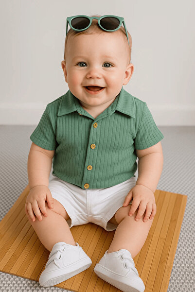 agugu Pamela Embossed Striped Shirt Summer Men's 2-Piece Set Khaki