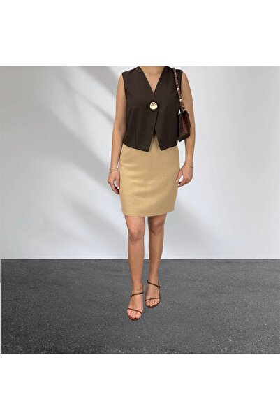 ABAS Milky Brown Linen Mini Size Lined Straight Skirt