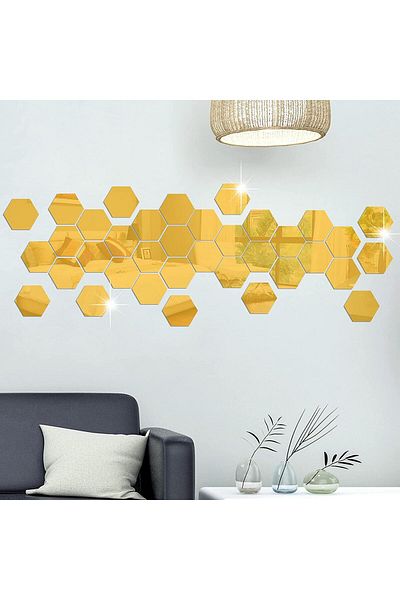 Mirror Set de 12 autocolante de perete, stil oglindă, hexagonale, 126x110x63 mm, auriu