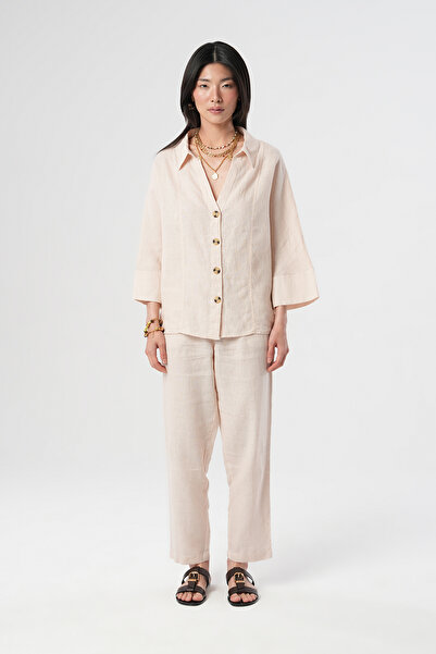 Orfeo Negro Women's 100% Linen V-Neck Solid Color Shirt