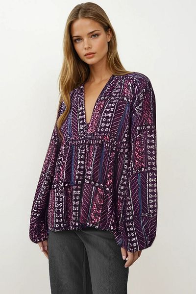 VAGGON Deep V Neck Hem Flounced Balloon Sleeve Blouse