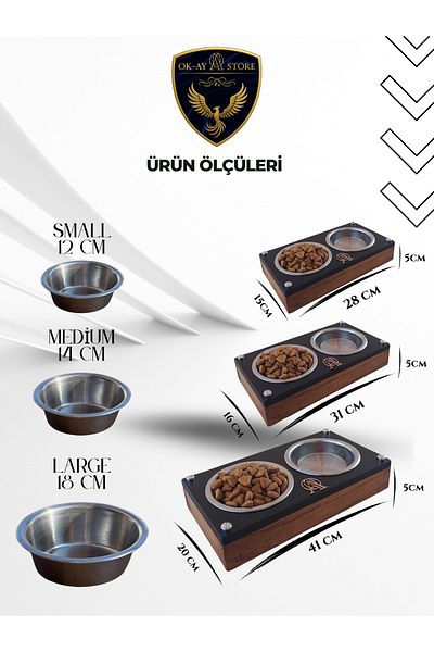 Okay Cat Dog Food and Water Bowl Stand with Stainless Steel Bowl – Wooden Body, Non-Slip Base