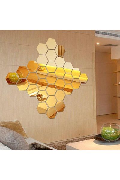 Mirror Set of decorative acrylic mirrors, hexagon, self-adhesive, 8 pieces, gold