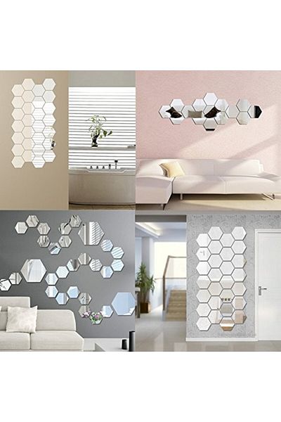 Mirror Decorative Hexagonal Honeycomb Mirrors for Bathroom Kitchen and Living Room - 12 Pieces Sticker L