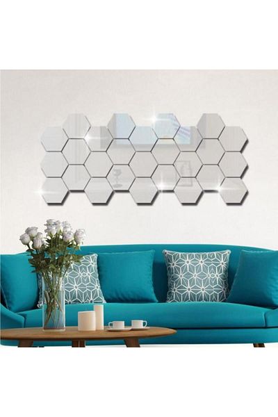 Mirror Set of 12 Decorative Acrylic Mirrors, hexagon shape, Silver, 126x110mm, Regal Trade