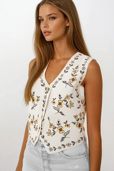 VAGGON Floral Embroidered Button Closure Vest