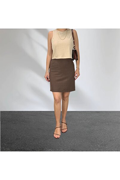ABAS Light Brown Linen Mini Size Lined Straight Skirt