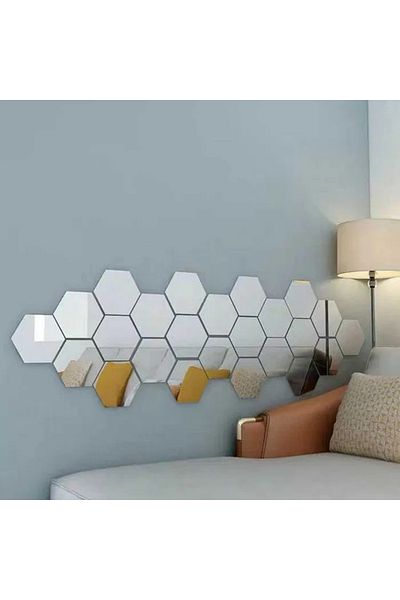 Mirror Set de 24 de oglinzi decorative hexagonale din acril, model M, 12x11x6,5 cm, autoadezive