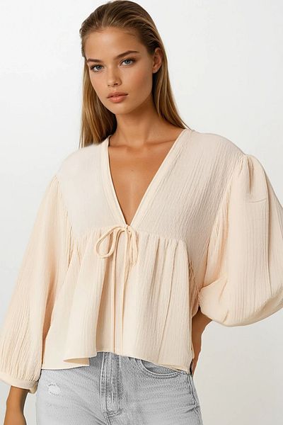 VAGGON Deep V Neck Blouse with Tie Detail and Elastic Sleeves