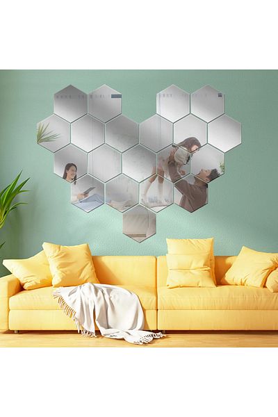 Mirror Set de 12 oglinzi decorative hexagonale din acril, model L, 12x11x6,5 cm, autoadezive