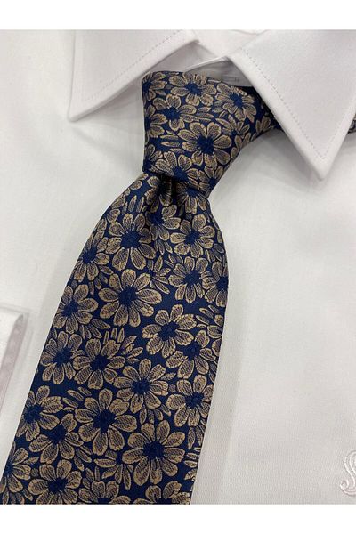 Pierre Cardin Pi̇erre Cardi̇n Woven Fabric Patterned Beige Navy Blue Tie