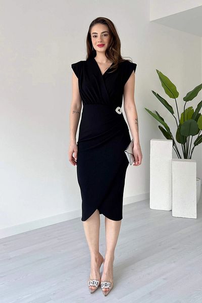 Aventien Rochie midi neagră cu guler dublu și detaliu broșă
