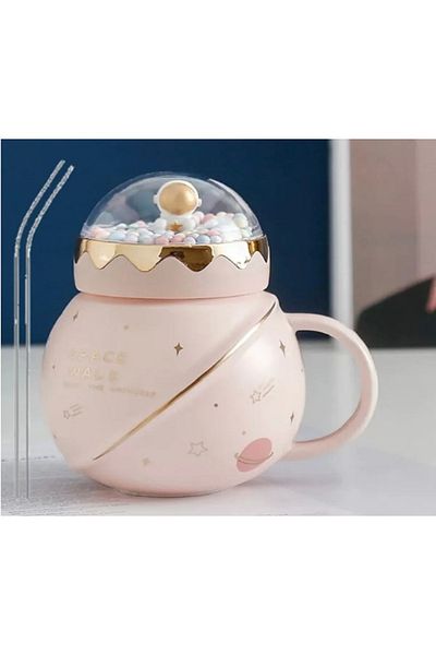 happystoretr Moon Astronaut Cover Decoration Lid Mug Cup with Spoon