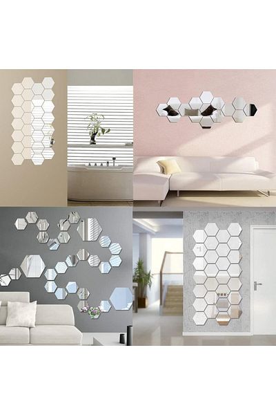 Mirror Hexagon Design Mirror Set - Decorative Acrylic Mirrors 12 pieces, 10x8.7x5 cm, Silver