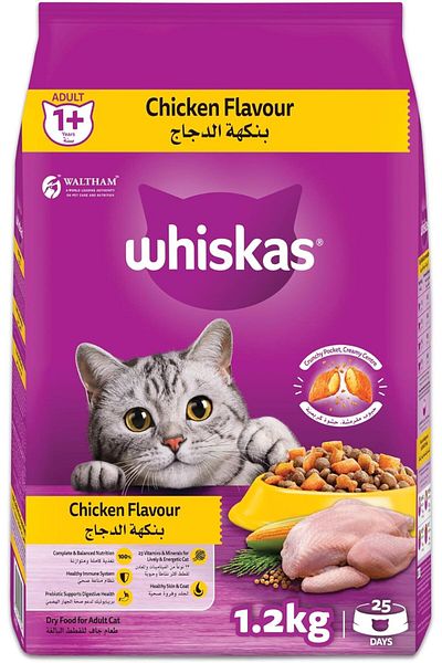 Whiskas Chicken Dry Cat Food, Bag of 1.2Kg, for Adult Cats 1+ Years