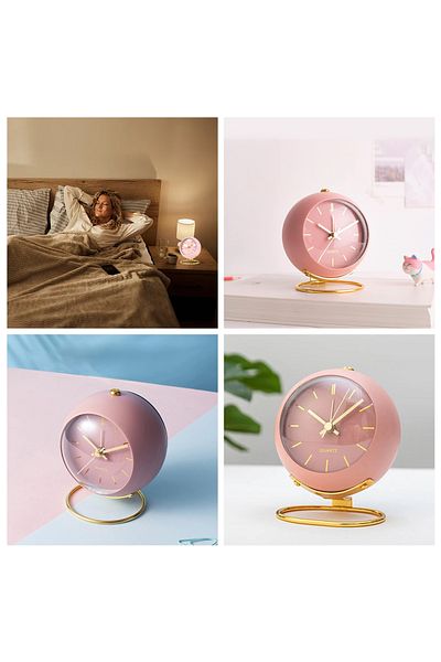 BOEM Analog alarm clock, metal/PVC, silent with night light, pink/gold, 11x9x6.5cm