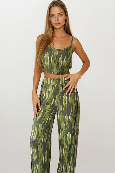 VAGGON Strappy Blouse and Elastic Waist Slit Detailed Palazzo Trousers Set