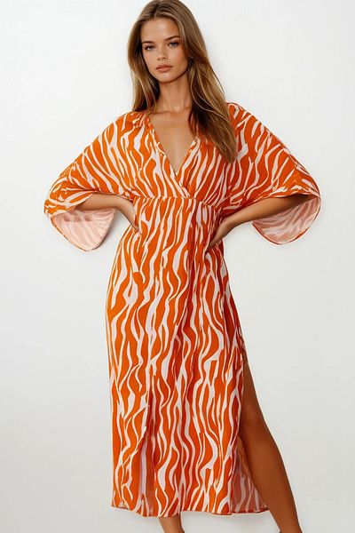 VAGGON Deep V-Neck Slit Detailed Midi Length Dress