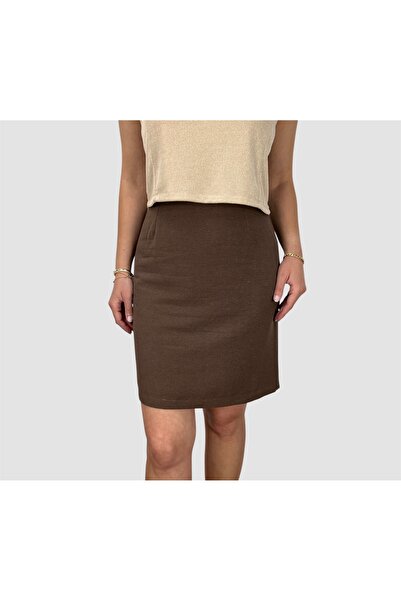 ABAS Light Brown Linen Mini Size Lined Straight Skirt