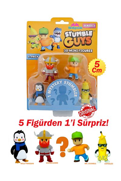 hediyecik Stumble Guys 5-Piece 3D Mini Figure Set Series 3 (Wily Penguın, Viking Bjorn, Mr.Stumble, Unpeeled)
