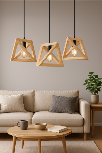 Onouqo Brera Modern 3'lü Rustik Retro Klasik Vintage Naturel Dekoratif Ahşap Sarkıt Avize