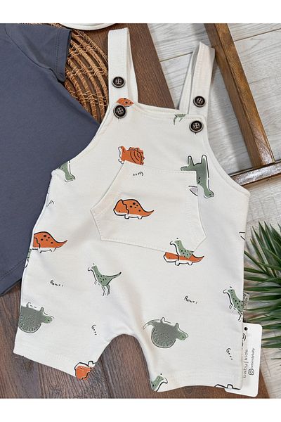 Babexi Dinosaur Printed Safari Hat with Snap Fastener on Shoulder Badi Summer Salopet Baby Boy Set