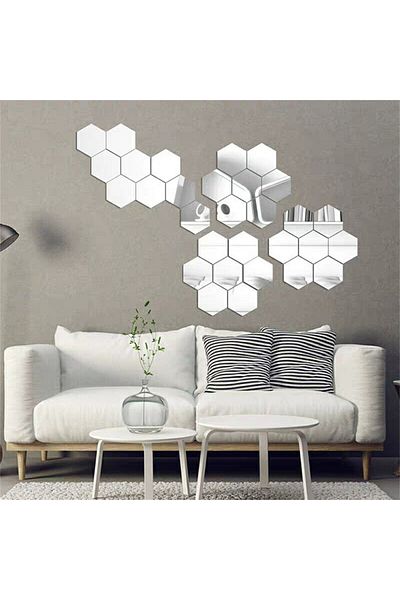 Mirror Set of 12 wall stickers, Mirror style, Hexagon, 126x110x63 mm, Silver