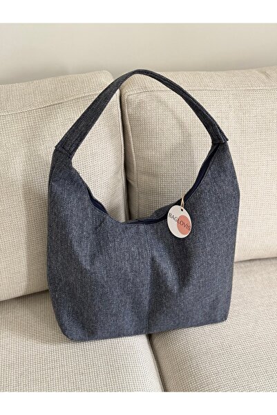 BAGLOVİS Sade Casual Linen Navy Blue Women's Shoulder Bag En35 Boy25