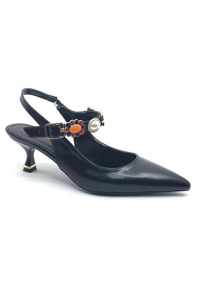 KOCAMANLAR Feles Pearl Buckle Detailed Open Back Stiletto Women's Heeled Shoes Black