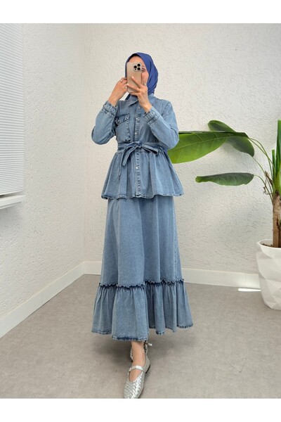 Modamorfo Τζιλέτ μπουφάν με ζώνη διπλό τζιν φόρεμα - Ice Blue