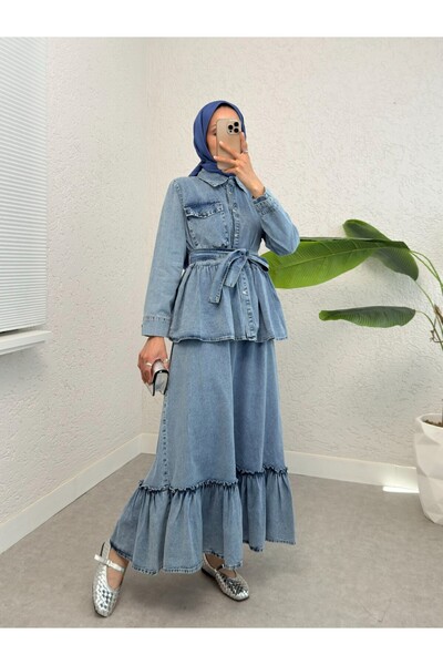 Modamorfo Τζιλέτ μπουφάν με ζώνη διπλό τζιν φόρεμα - Ice Blue