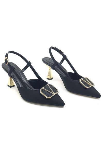 KOCAMANLAR Feles V Buckle Detailed Open Back Stiletto Women's Heeled Shoes Black