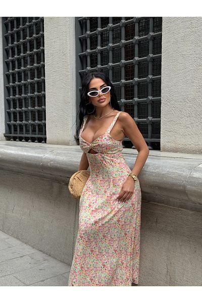 LB Laluna Butik Women's Heart Collar Floral Patterned Strap Long Dress